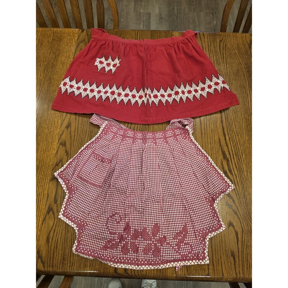2 Vintage Half Aprons Homemade Red White Pocket Cottagecore Farmhouse Embroidery